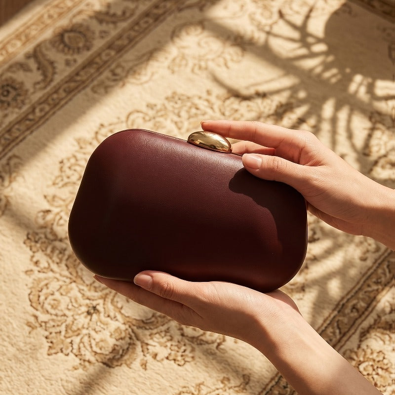 Burgundy Clutch Bag, Metal Buckle Hard Shell Evening Purse, Detachable Chain, Wedding And Party Handbag