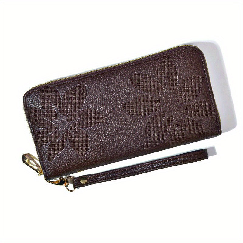 A Long Zip Wallet for Women, Featuring a Solid Color with a Subtle Patterned Design, Made of Lychee Texture Faux Leather, Spacious with Multiple Card Slots to Fit a Phone, Perfect As a Valentine'S Day Gift, in a Vintage Dark Brown Coffee Color
