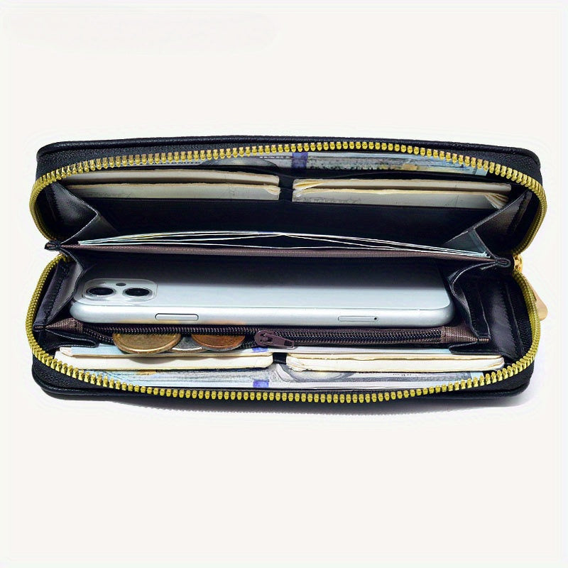 A Long Zip Wallet for Women, Featuring a Solid Color with a Subtle Patterned Design, Made of Lychee Texture Faux Leather, Spacious with Multiple Card Slots to Fit a Phone, Perfect As a Valentine'S Day Gift, in a Vintage Dark Brown Coffee Color