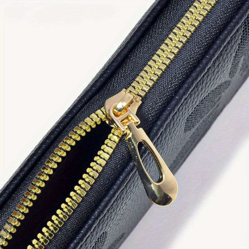 A Long Zip Wallet for Women, Featuring a Solid Color with a Subtle Patterned Design, Made of Lychee Texture Faux Leather, Spacious with Multiple Card Slots to Fit a Phone, Perfect As a Valentine'S Day Gift, in a Vintage Dark Brown Coffee Color