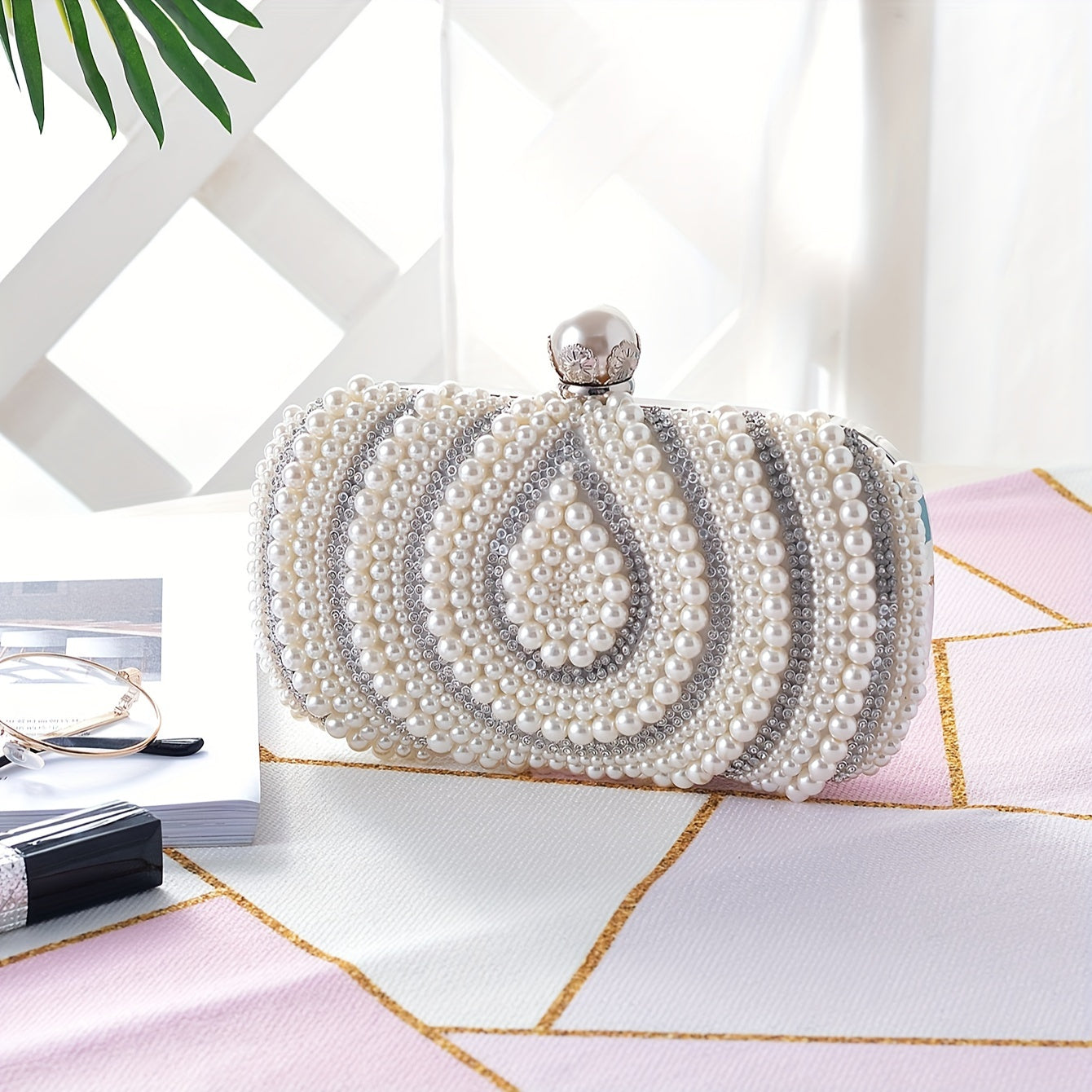New Pearl Rhinestone Bag, Water Drop Pattern Pearl Bag, Banquet Bag, Dress Bag, Clutch Bag, Cheongsam Women'S Bag, Oblique Span Bag