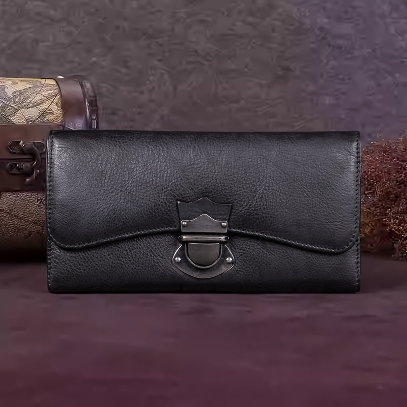 Authentic Faux Leather Wallet Designed for Women, Crafted by Hand in a Vintage Style, Featuring a Three-Fold Design, a Real Faux Leather Purse, a Metal Lock, a Card Holder, a Money Clip, And a Clutch