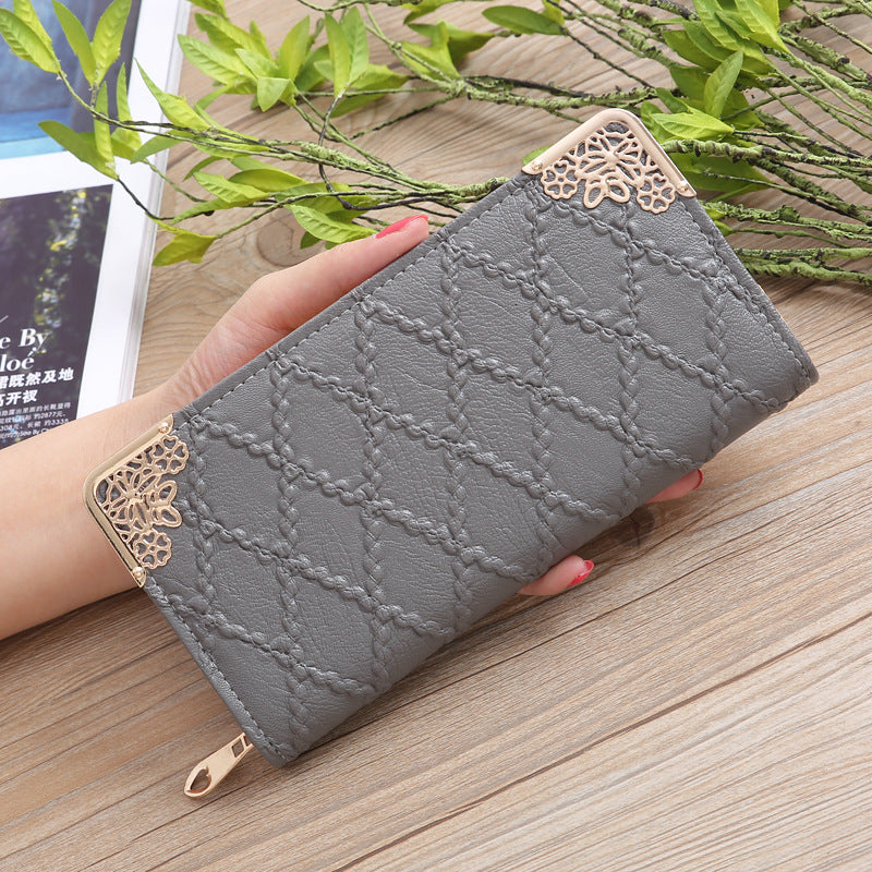 2026 New Korean Style Women'S Long Zipper Wallet with Embossed Diamond Pattern, Multiple Card Slots, Urban Easy Style