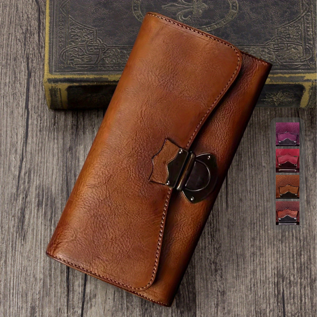Authentic Faux Leather Wallet Designed for Women, Crafted by Hand in a Vintage Style, Featuring a Three-Fold Design, a Real Faux Leather Purse, a Metal Lock, a Card Holder, a Money Clip, And a Clutch