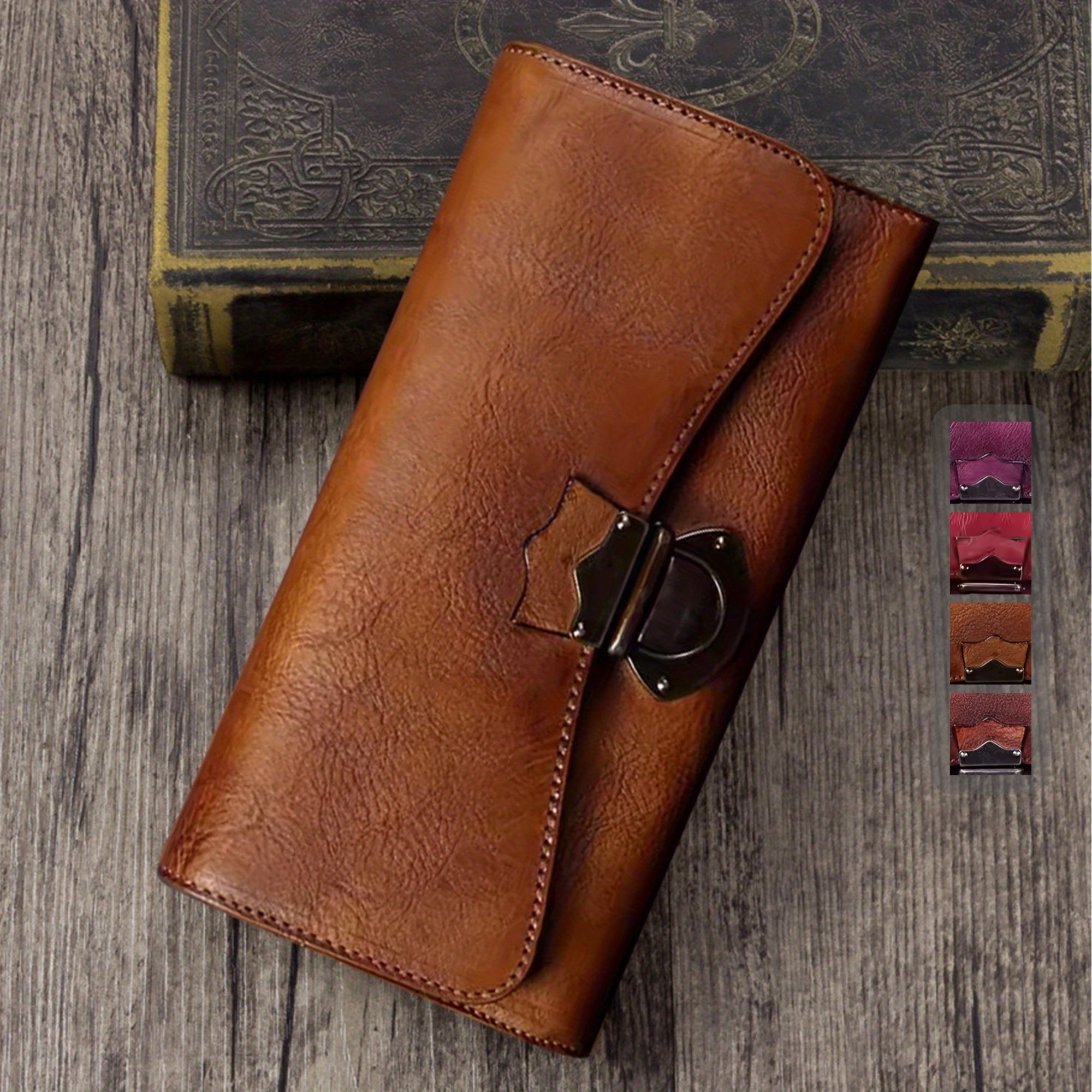 Authentic Faux Leather Wallet Designed for Women, Crafted by Hand in a Vintage Style, Featuring a Three-Fold Design, a Real Faux Leather Purse, a Metal Lock, a Card Holder, a Money Clip, And a Clutch