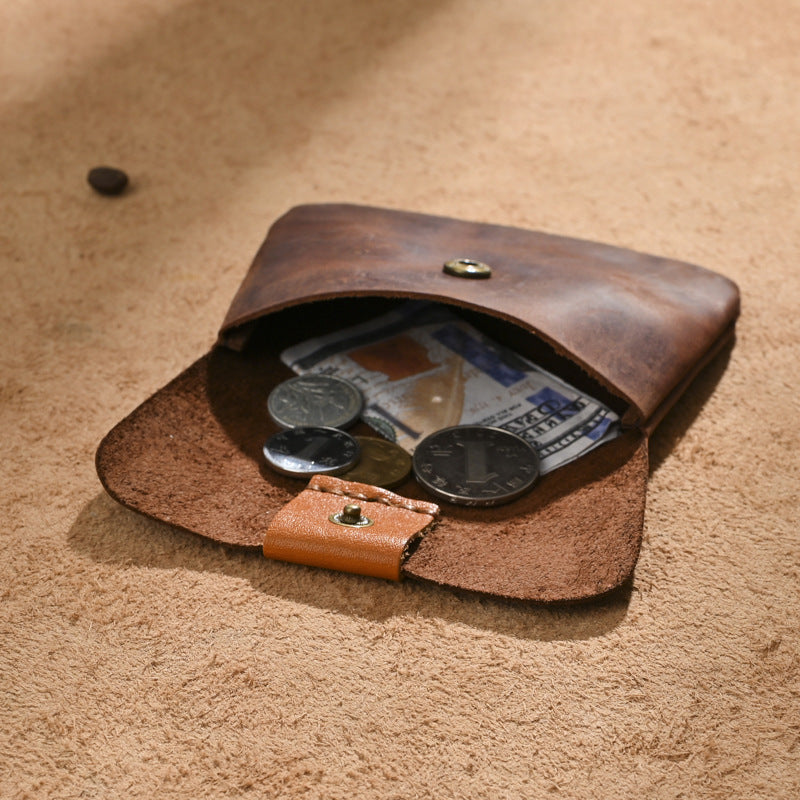 1pc Vintage Crazy Horse Genuine Leather Coin Purse for Men & Women | Genuine Top-Grain Cowhide | Multi-Function Slim Card Holder Wallet | Compact Mini Bag for Coins, Cards, Keys, Earbuds & Lipsticks