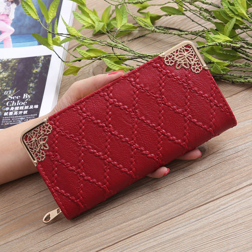 2026 New Korean Style Women'S Long Zipper Wallet with Embossed Diamond Pattern, Multiple Card Slots, Urban Easy Style