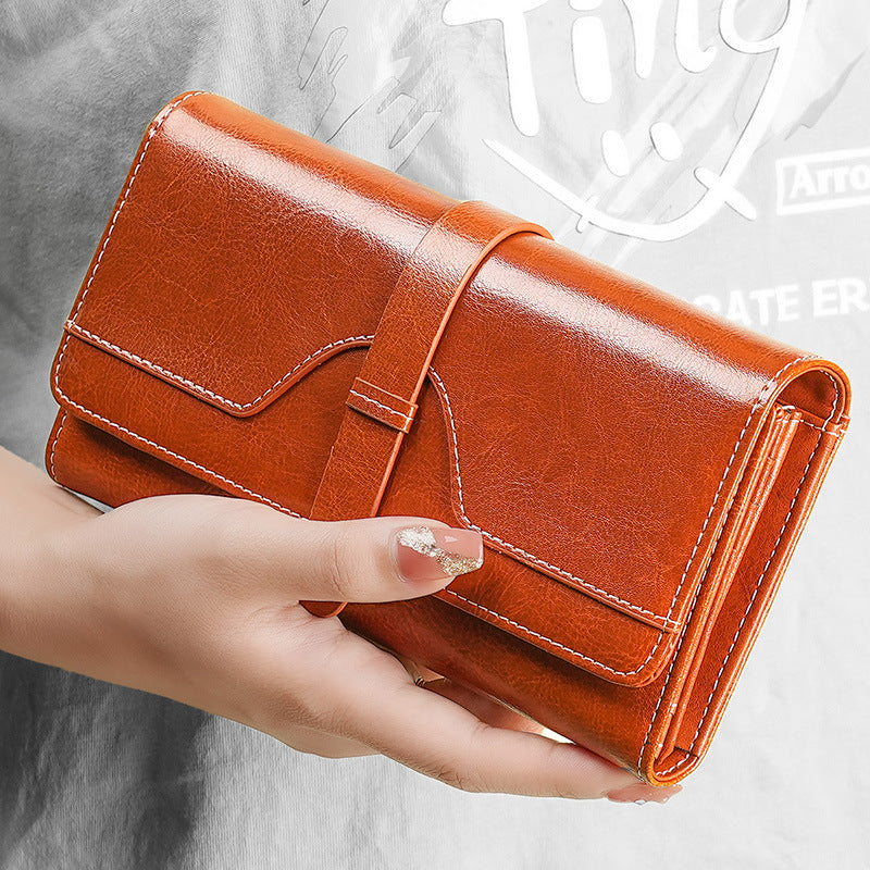 High-Quality Cowhide Women'S Long Wallet with RFID Scan, Waxed Genuine Leather Clutch Bag for Women, Can Hold a Mobile Phone