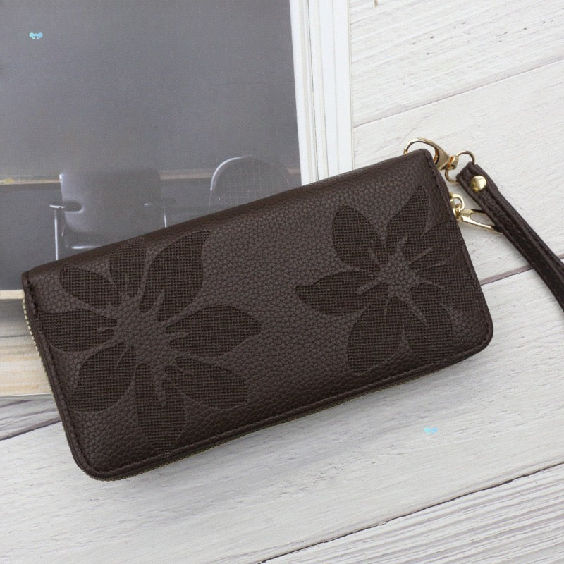 A Long Zip Wallet for Women, Featuring a Solid Color with a Subtle Patterned Design, Made of Lychee Texture Faux Leather, Spacious with Multiple Card Slots to Fit a Phone, Perfect As a Valentine'S Day Gift, in a Vintage Dark Brown Coffee Color