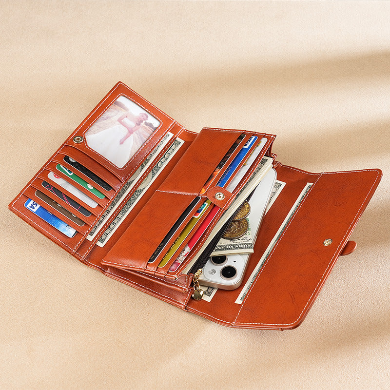 High-Quality Cowhide Women'S Long Wallet with RFID Scan, Waxed Genuine Leather Clutch Bag for Women, Can Hold a Mobile Phone