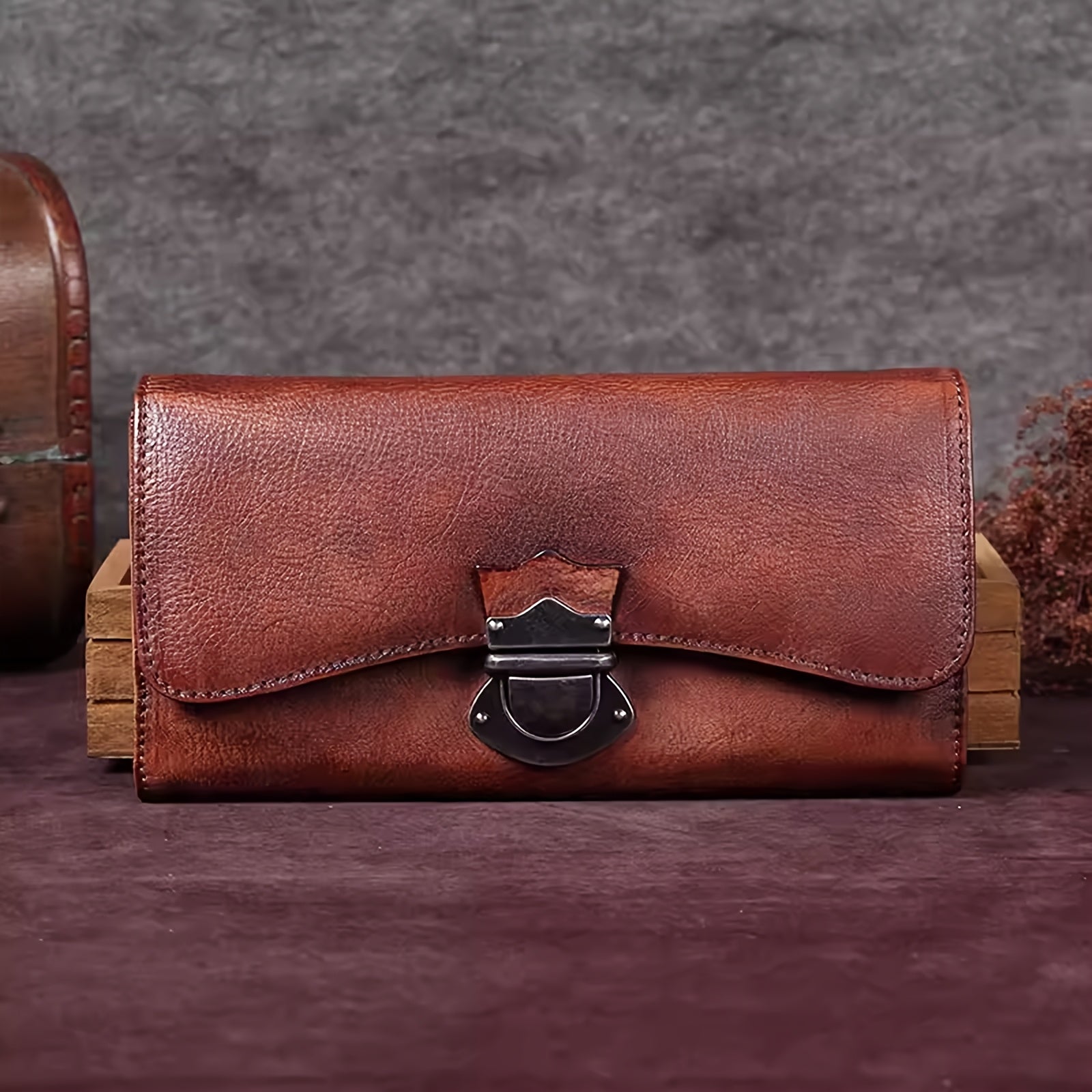 Authentic Faux Leather Wallet Designed for Women, Crafted by Hand in a Vintage Style, Featuring a Three-Fold Design, a Real Faux Leather Purse, a Metal Lock, a Card Holder, a Money Clip, And a Clutch