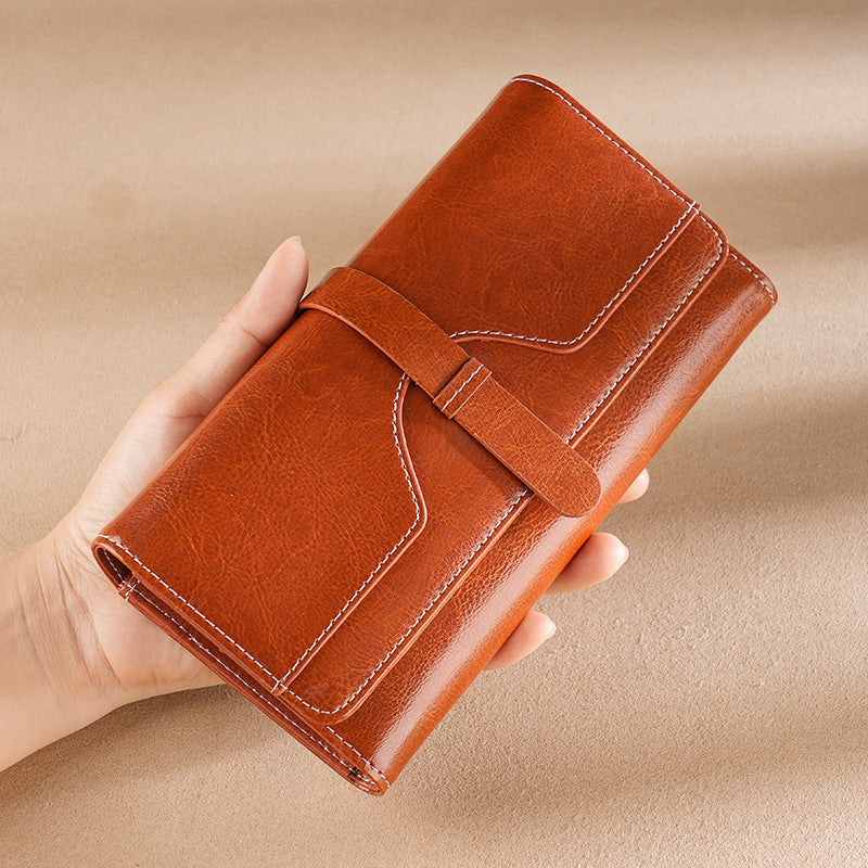 High-Quality Cowhide Women'S Long Wallet with RFID Scan, Waxed Genuine Leather Clutch Bag for Women, Can Hold a Mobile Phone