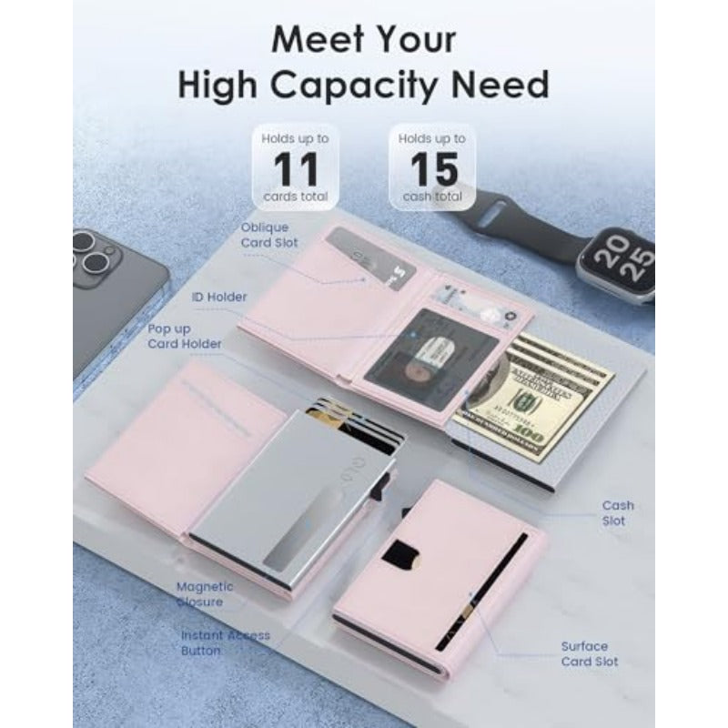 Women' RFID-Blocking Anti-Theft Wallet - Slim Trifold Wallet with Pop-Up Card Holder, Ultra-Thin Front Pocket, 9-11 Card Capacity, Cash Slot & ID Window - Premium Suitable for Travel, Everyday Carry &