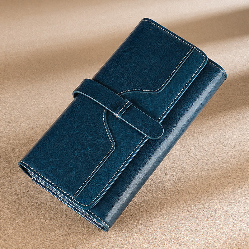 High-Quality Cowhide Women'S Long Wallet with RFID Scan, Waxed Genuine Leather Clutch Bag for Women, Can Hold a Mobile Phone