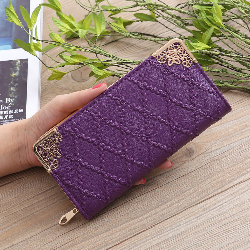 2026 New Korean Style Women'S Long Zipper Wallet with Embossed Diamond Pattern, Multiple Card Slots, Urban Easy Style