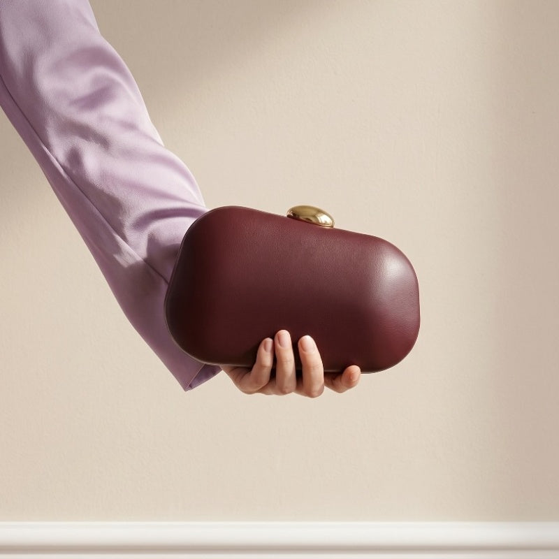 Burgundy Clutch Bag, Metal Buckle Hard Shell Evening Purse, Detachable Chain, Wedding And Party Handbag