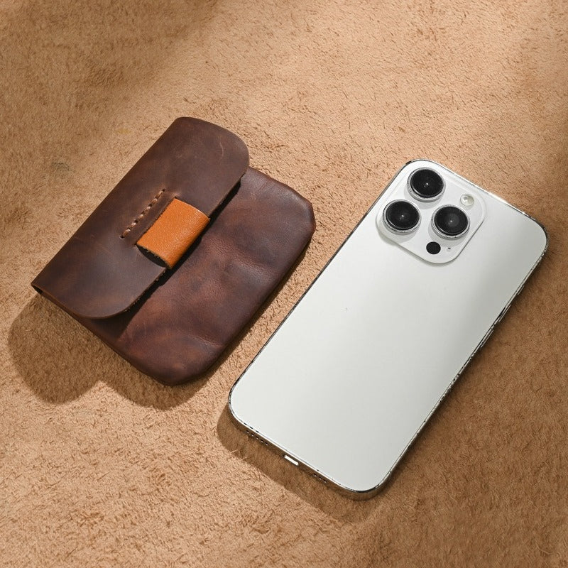 1pc Vintage Crazy Horse Genuine Leather Coin Purse for Men & Women | Genuine Top-Grain Cowhide | Multi-Function Slim Card Holder Wallet | Compact Mini Bag for Coins, Cards, Keys, Earbuds & Lipsticks