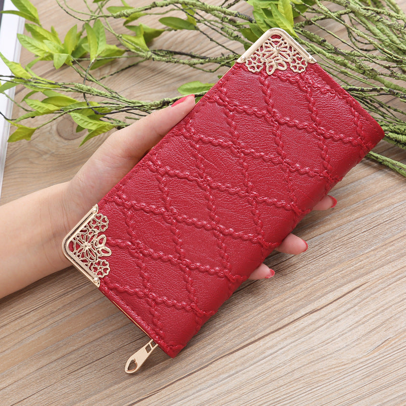 2026 New Korean Style Women'S Long Zipper Wallet with Embossed Diamond Pattern, Multiple Card Slots, Urban Easy Style