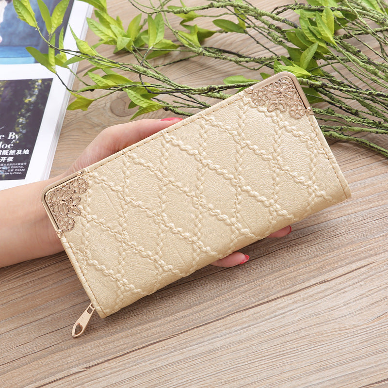 2026 New Korean Style Women'S Long Zipper Wallet with Embossed Diamond Pattern, Multiple Card Slots, Urban Easy Style