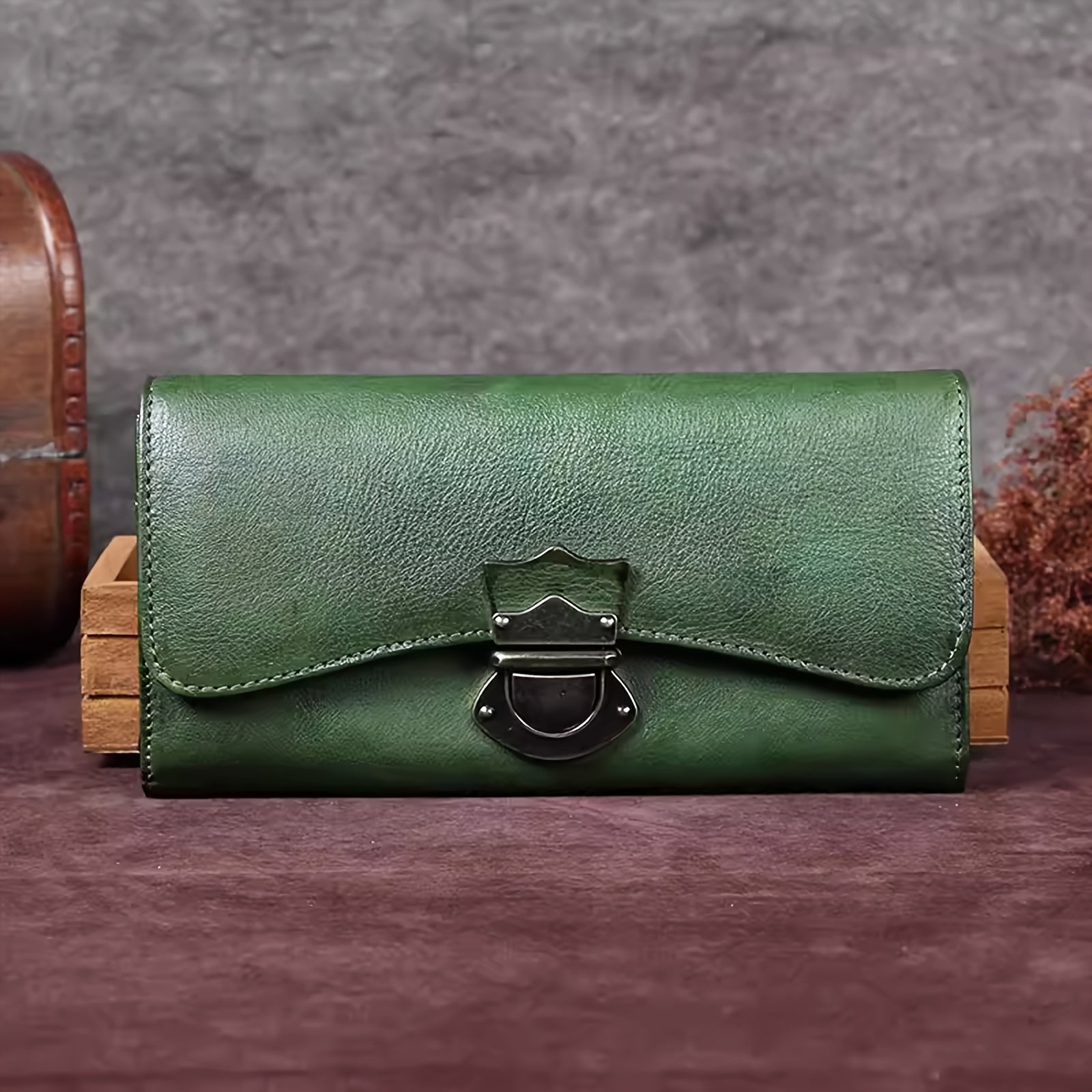 Authentic Faux Leather Wallet Designed for Women, Crafted by Hand in a Vintage Style, Featuring a Three-Fold Design, a Real Faux Leather Purse, a Metal Lock, a Card Holder, a Money Clip, And a Clutch
