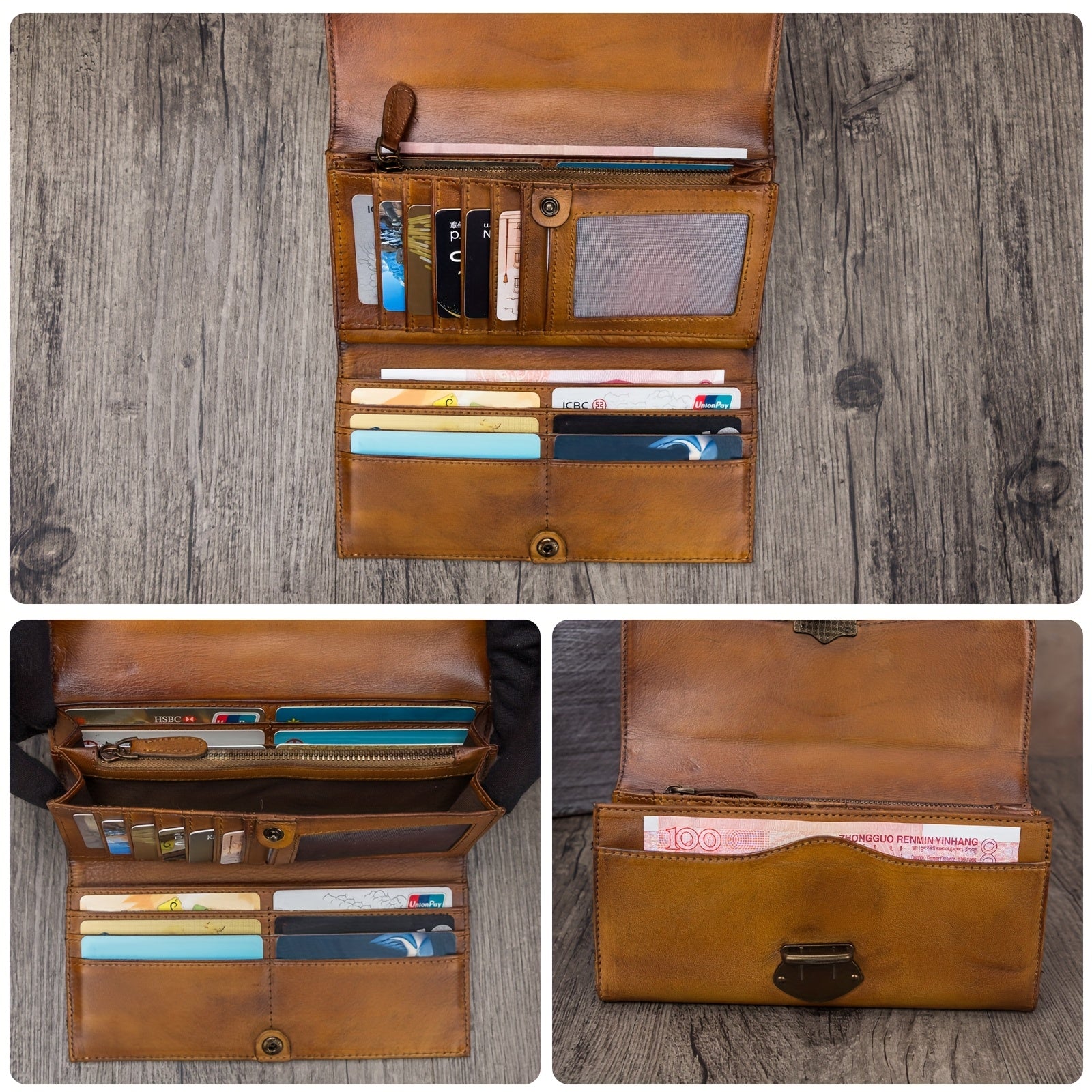 Authentic Faux Leather Wallet Designed for Women, Crafted by Hand in a Vintage Style, Featuring a Three-Fold Design, a Real Faux Leather Purse, a Metal Lock, a Card Holder, a Money Clip, And a Clutch